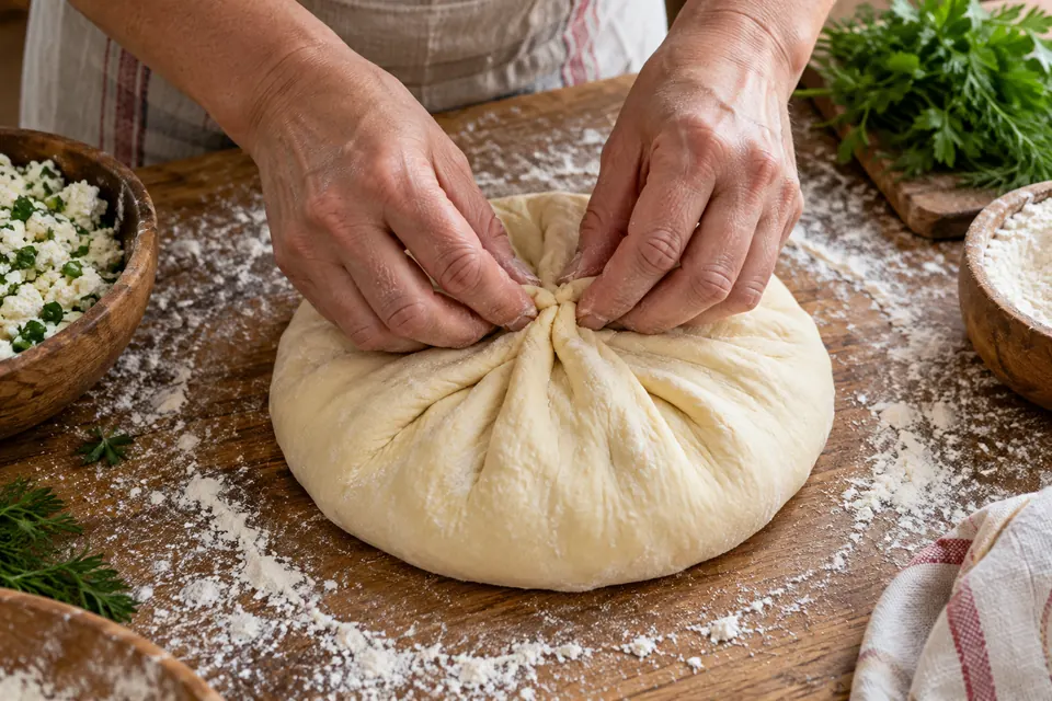 Ручная формовка осетинского пирога с сырной начинкой